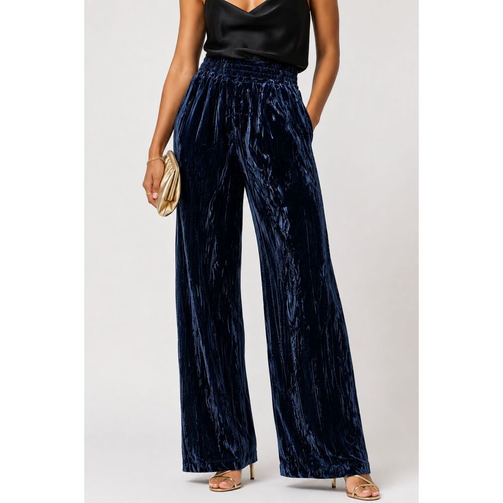 WAYF Women’s S Navy Blue Crushed Velvet Wide Leg Pants High Rise Pull On NWT